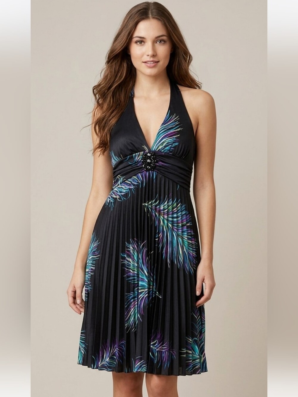 Women's Black Pleated Halter Summer Embellished A-line Mini Dress Medium